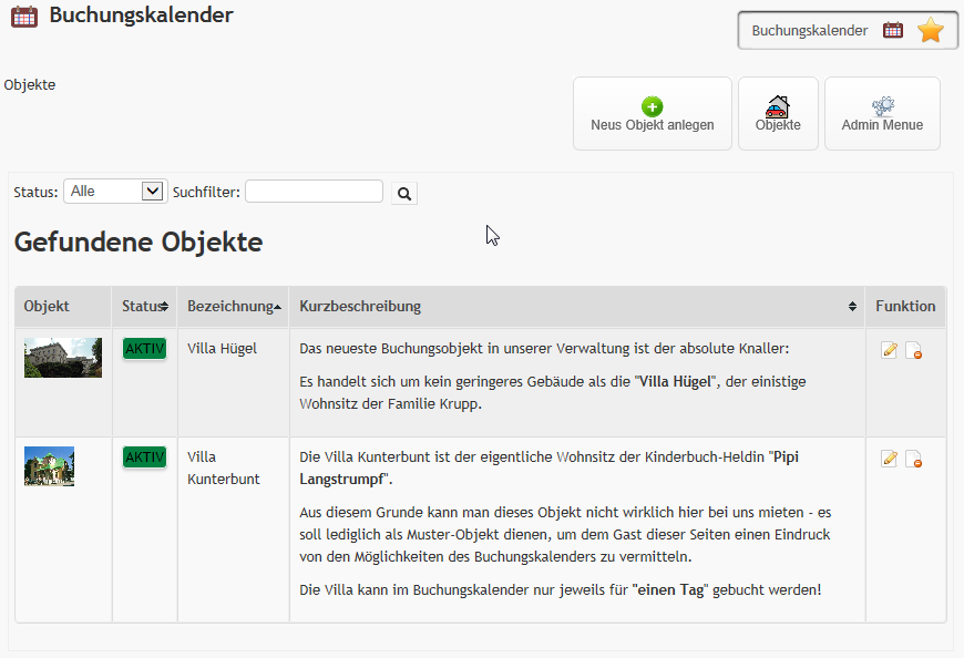 Admin Objektliste